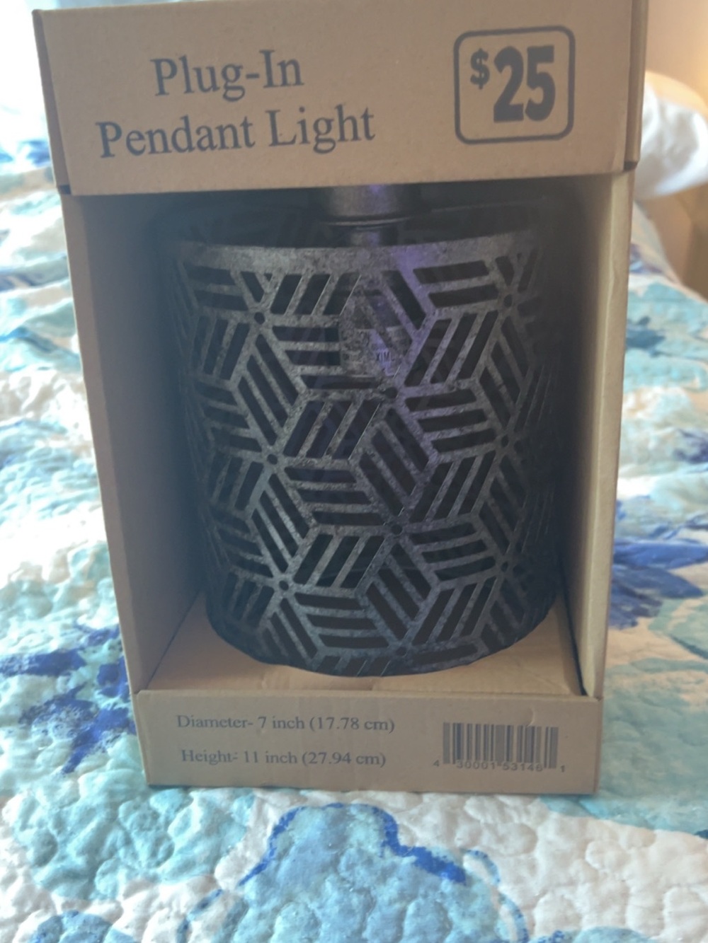 Plug In Pendant Light with cylindrical geometric cut-out metal shade